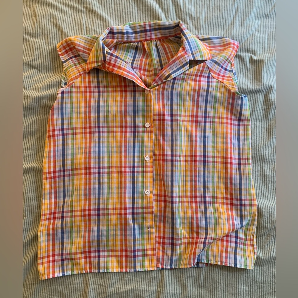Rainbow plaid sleeveless button down
